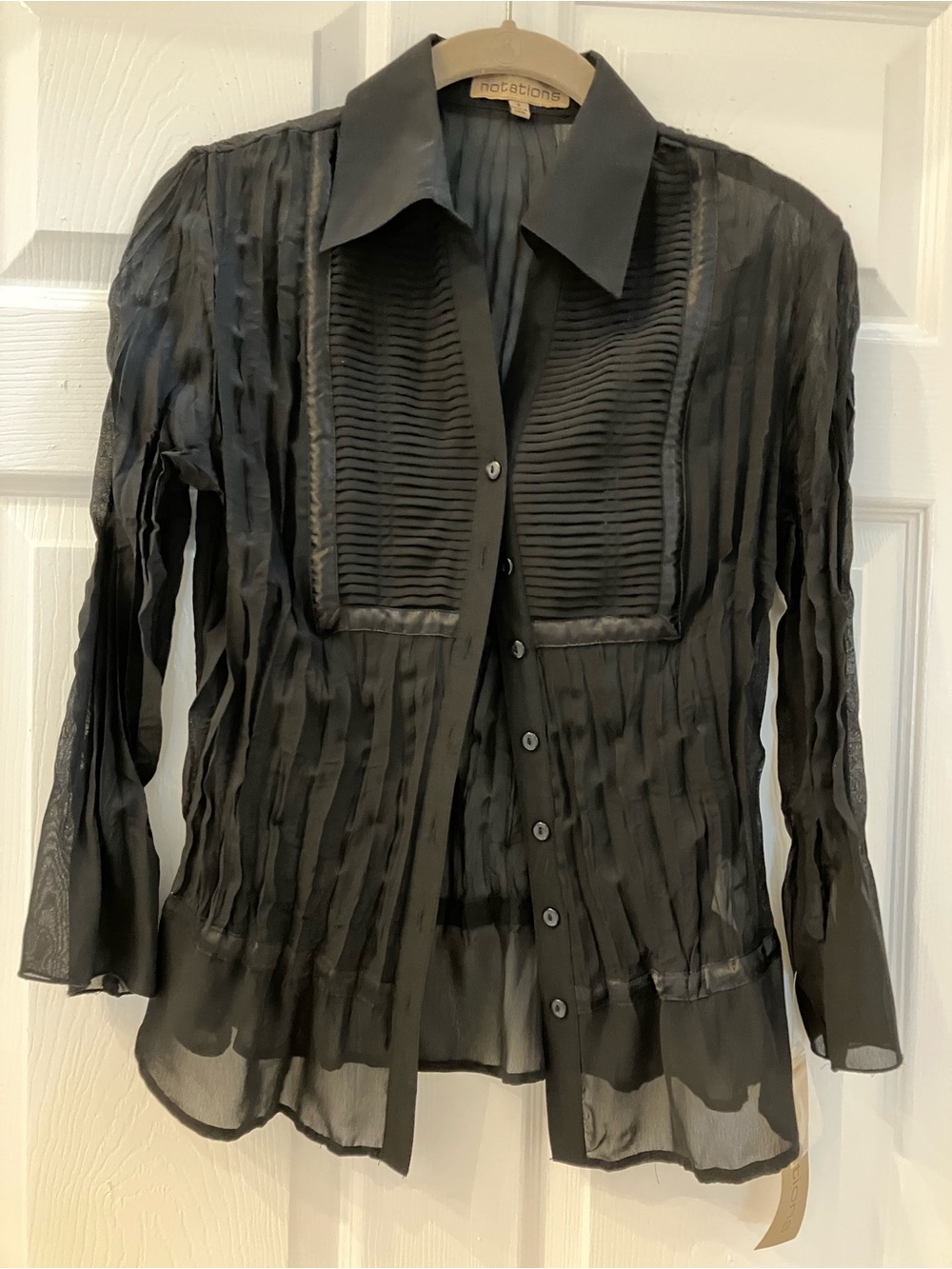 Notations Black Sheer Pleated Button-Front Blouse